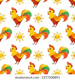 Children's pattern with colorful cock and smiling sun on white background. Vector cartoon pattern for goods, fabrics, toys