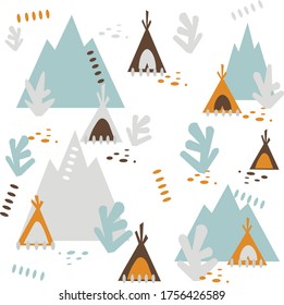 children's pattern of colorful mountains and huts, for decorating children's products, fabrics, objects, books, wallpapers