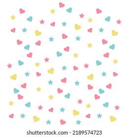 Patrón infantil compuesto de corazones y estrellas. Adecuado para postales, cuadernos, ropa de cama.