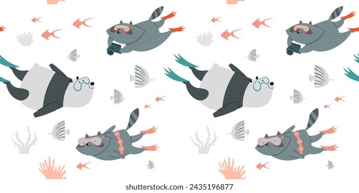 Children's pattern: cute animals dive with masks and fins. Panda, raccoon, fish and corals in the sea. Vector children's illustration.