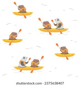 Children's pattern: cute capybaras and pandas swimming on yellow kayaks. Vector illustration.