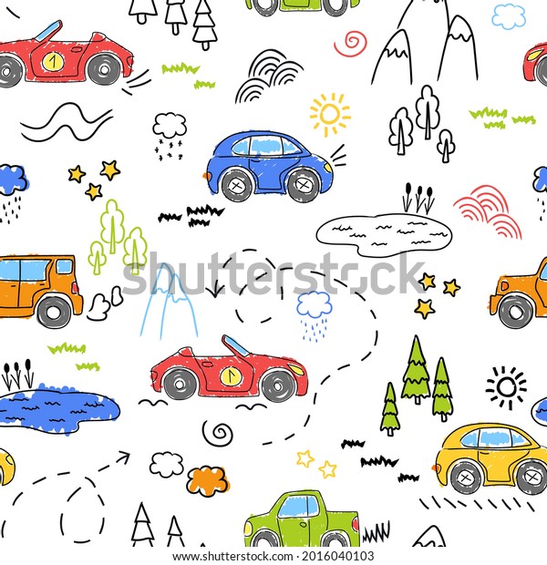 Children\'s pattern with cute cars. Funny\
cars.Vector hand-drawn collection for decorating a children\'s room\
with a seamless pattern for children\'s goods, fabrics, backgrounds,\
packaging, covers.