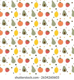 Children's pattern. Cute fruits, avocado, strawberry, lemon and pear, tomato. Vector illustration on a white background.