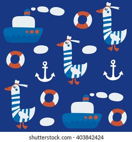 Children's pattern with cute goose, anchor, clouds.