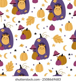 Children's pattern with cute Monsters in pumpkins. Printing on children's fabrics and clothes. Vector illustration