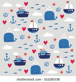 Children's Pattern With Cute Whale, Sailboat, Anchor, Clouds, Fish And Hearts.