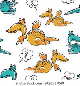 Children's pattern cute yellow and blue dinosaur flying and sitting dino lettering on white background Vector