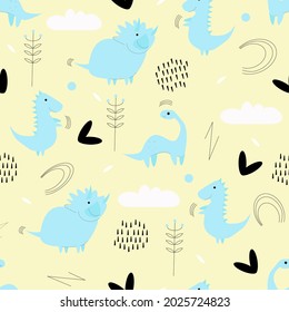 Children's pattern with dinosaurs hearts and clouds