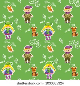 Children`s pattern with dolls and animals, vector illustration