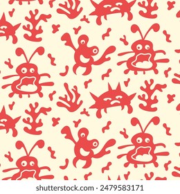 A children's pattern with doodle sea monsters in red.