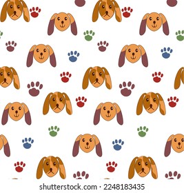 Children's pattern of children's drawings of cute cartoon dogs, paw prints design for textile, fabric, wallpaper