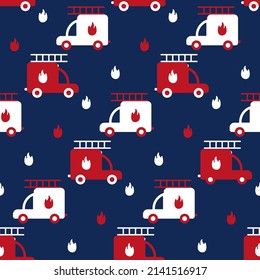 Children's pattern with fire trucks. Firefighter transport print for boys. Dark blue seamless texture with red, white cars with fire symbol for design of baby products, wallpaper, textile, fabric. 