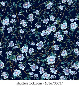 Childrens pattern flowers. Seamless floral pattern on a dark blue background. Light blue flowers, green leaves.
