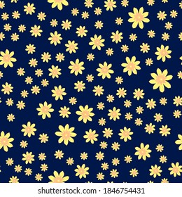 Kinder blumengeschmückt. Nahtlose Blumenmuster auf blauem Hintergrund. Kleine gelbe Blumen. Dekorelemente.