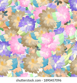 Childrens pattern flowers. Seamless floral dense pattern. Bright multi-colored flowers. Chrysanthemums are multi-colored. Delicate shades.