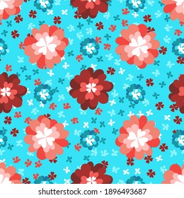 Childrens pattern flowers. Seamless floral pink and red pattern on a blue background. Bright chrysanthemums. Delicate shades.