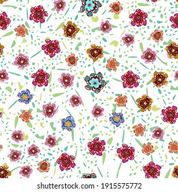 Childrens pattern flowers. Seamless floral dense pattern. Vector. Bright multi-colored flowers.