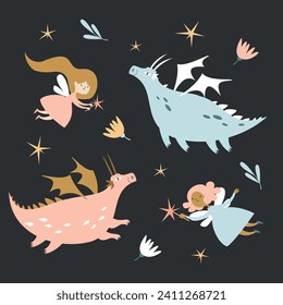 Patrón infantil: hadas voladoras y dragones contra el fondo de la noche. Ilustración vectorial.