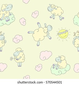 Children's pattern flying sheep in the clouds. Vector seamless background.
