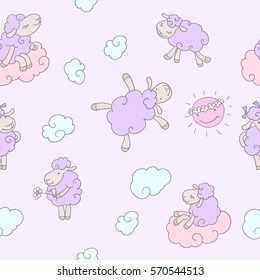 Children's pattern flying sheep in the clouds. Vector seamless background.
