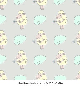 Children's pattern flying sheep in the clouds. Vector seamless background.