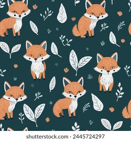 Children's pattern with fox cubs. Cartoon foxes sit and stand on a dark green background with leaves and flowers. Fairytale foxes on the lawn.