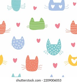 Children's pattern with the heads of cats, hand-drawn.	

