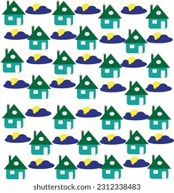 
children's pattern houses, sun and cloud