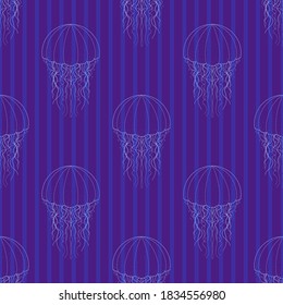 Childrens pattern. Jellyfish on a blue background. Dark blue background, with vertical stripes.