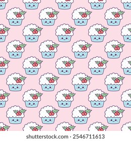 Children's pattern with kawaii cupcake with berries. Infinite texture