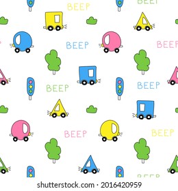 Children's pattern for kids, boys. Geometric multicolored cars, trees, traffic lights. Doodle style.