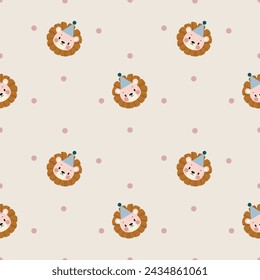 Children's pattern with a lion's head in a cap. Pattern with small dots. 