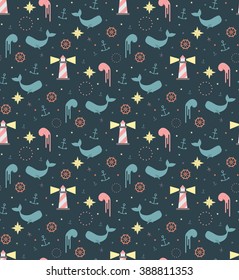 Children's pattern with a mermaid and anchor for a notebook. A vivid illustration of fabric or wallpaper. Anchors on a dark blue background.