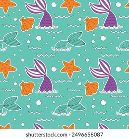 
Children's pattern of mermaid tails and sea elements to stamp or print on paper