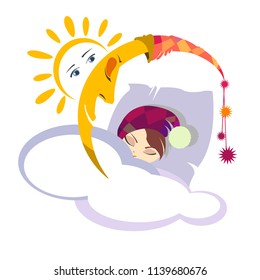 Children's pattern. The moon, the sun and a sleeping girl.