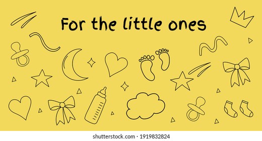 Children's pattern on a yellow background in doodle style for children products. For the little ones concept. Perfect for labels, stickers, product designations, packaging design