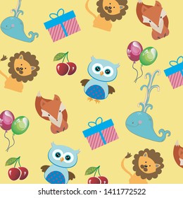 children's pattern with an owl, a lion and a whale on a yellow background