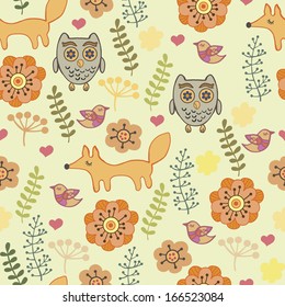 children's pattern with owls and foxes. For fabric, wrapping paper, print and web projects.