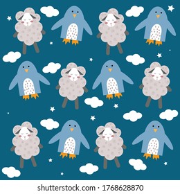 
Children's pattern of penguin and sheep in the clouds. Sleeping animals. Cute children's textures for fabric, packaging, textiles, wallpaper, clothes. Illustration made in vector.