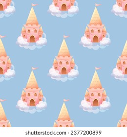 Children's pattern with pink princess air castle in the clouds. Vector cartoon pattern for children's goods, fabrics, toys