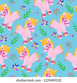 children's pattern of pink unicorns and flowers