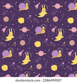 Children's pattern with planets, stars and a slug and a snail in a spacesuit