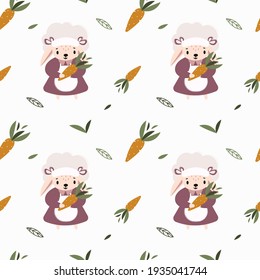 Children's pattern with a rabbit in a traditional peasant dress with a carrot in its paws.Cheerful background with beautiful characters and decorations.