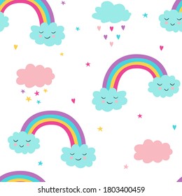 Children's pattern with rainbows, stars, clouds, and hearts. Vector flat illustration. For wallpaper, textiles, fabric, paper.