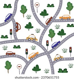 Children's pattern, road and cars. Flat style. A winding road with markings, traffic lights. Yellow taxis, blue, brown, orange cars. Trees and bushes of bright green color. For textiles, wallpaper.
