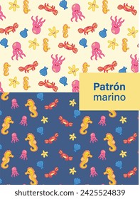 Children's pattern of sea animals, beige and blue. Vector octopus, seahorse, crab, starfish and shells. In text: marine pattern