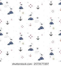 Children's pattern of sea gulls and steering wheel. Factory textiles.