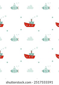 children's pattern with a sea ship and a submarine on a white background 