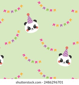 Childrens pattern. Childrens seamless pattern with a cute birthday panda. Vector illustration in flat style on green.