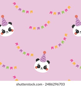 Patrón de los niños. Patrón sin costuras para niños con un lindo panda de cumpleaños. Ilustración vectorial en estilo plano.
